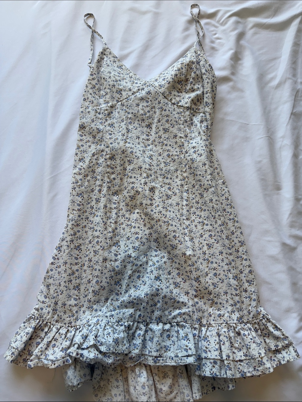 Floral Ruffle Slip Dress in White and Blue with Open Back